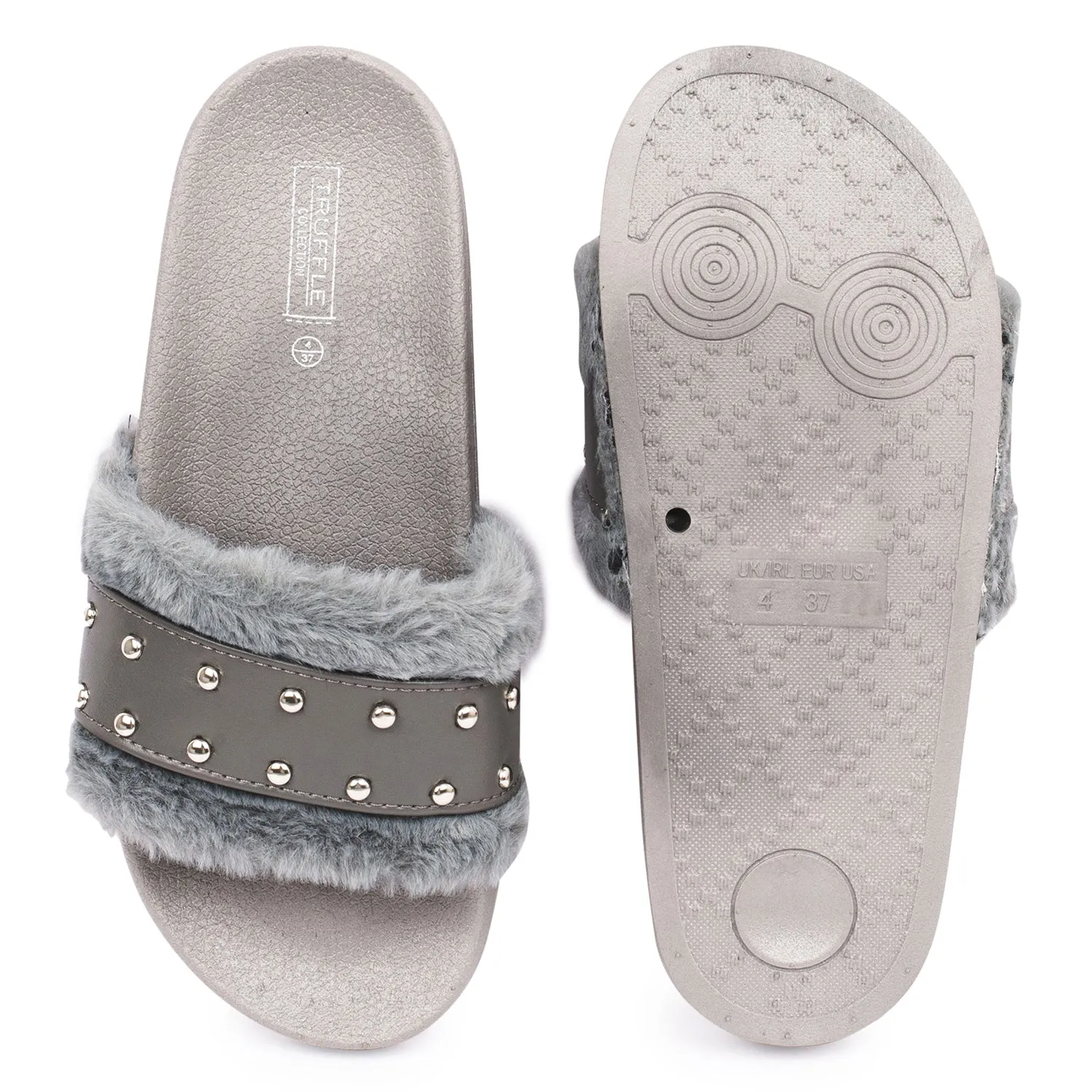 Grey Studded Fur Flat Sliders