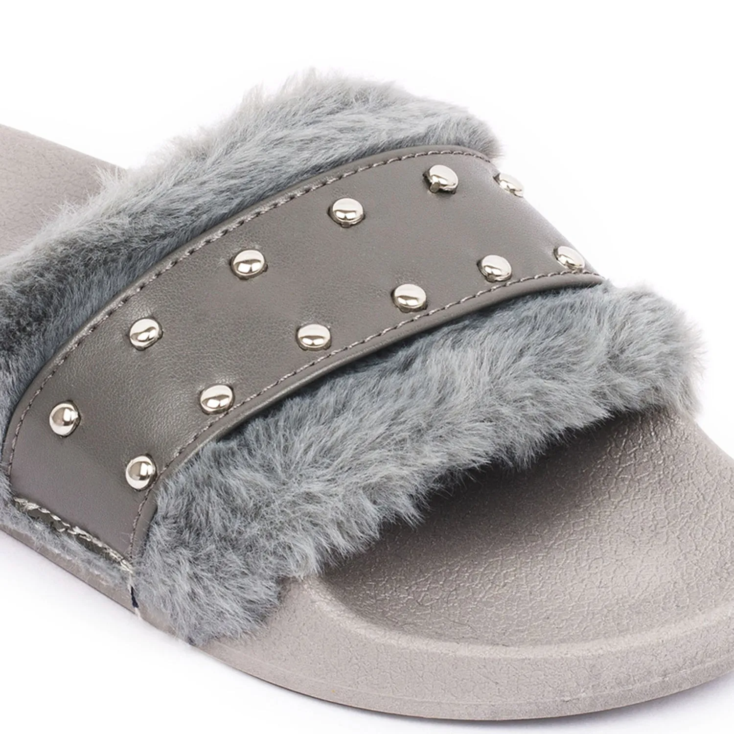 Grey Studded Fur Flat Sliders