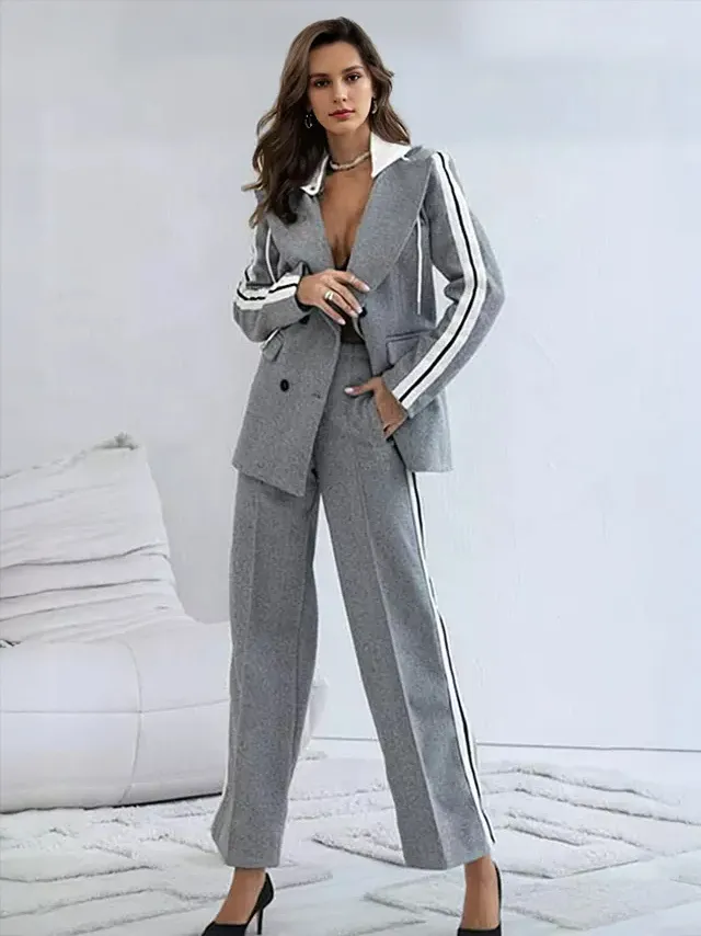 Grey Suit Set with White Stripes Classic Lapel With Hood Casual Spring Outfit For Women 2025