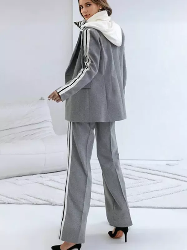 Grey Suit Set with White Stripes Classic Lapel With Hood Casual Spring Outfit For Women 2025