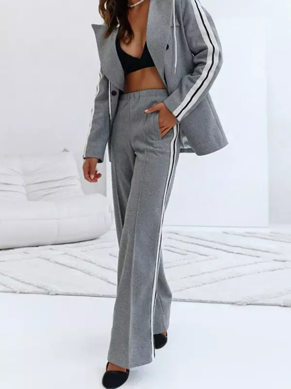 Grey Suit Set with White Stripes Classic Lapel With Hood Casual Spring Outfit For Women 2025