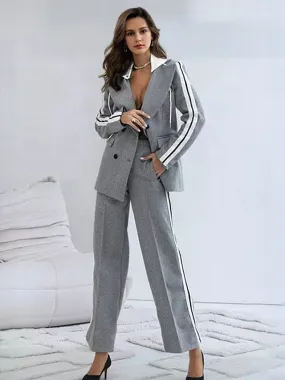 Grey Suit Set with White Stripes Classic Lapel With Hood Casual Spring Outfit For Women 2025