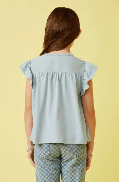 Hayden Girls Blue Smocked Yoke Ruffle Shoulder Top