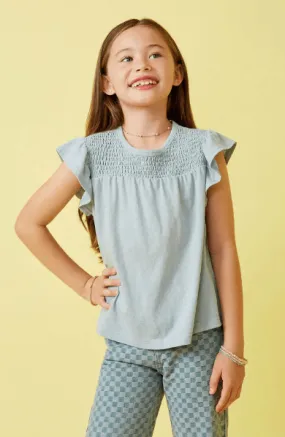 Hayden Girls Blue Smocked Yoke Ruffle Shoulder Top