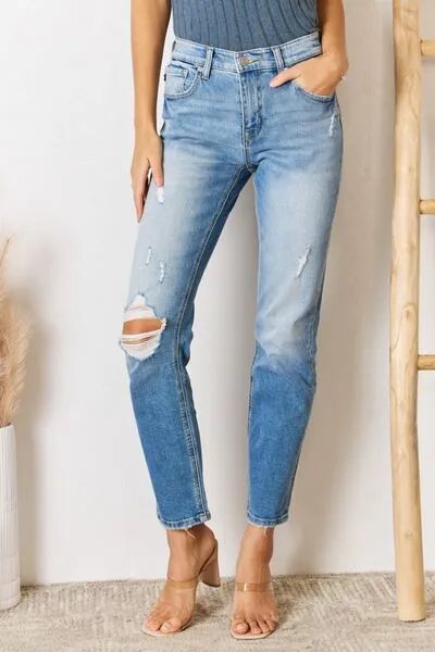 High Rise Distressed Slim Straight Jeans - Kancan