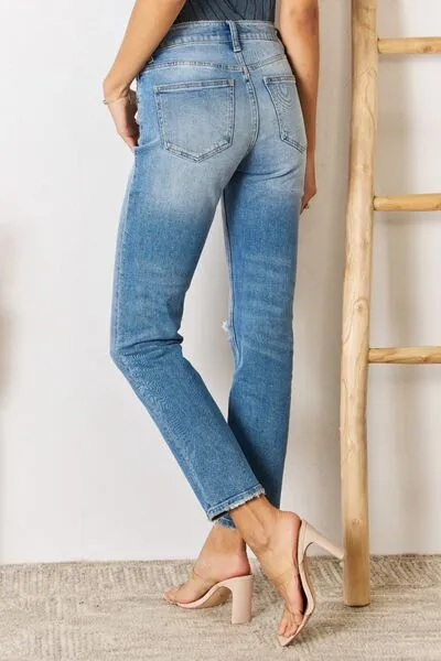 High Rise Distressed Slim Straight Jeans - Kancan