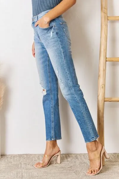 High Rise Distressed Slim Straight Jeans - Kancan