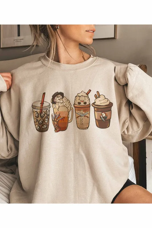 Horror Fall Coffee Graphic Sweatshirt Plus Size - Halloween Special