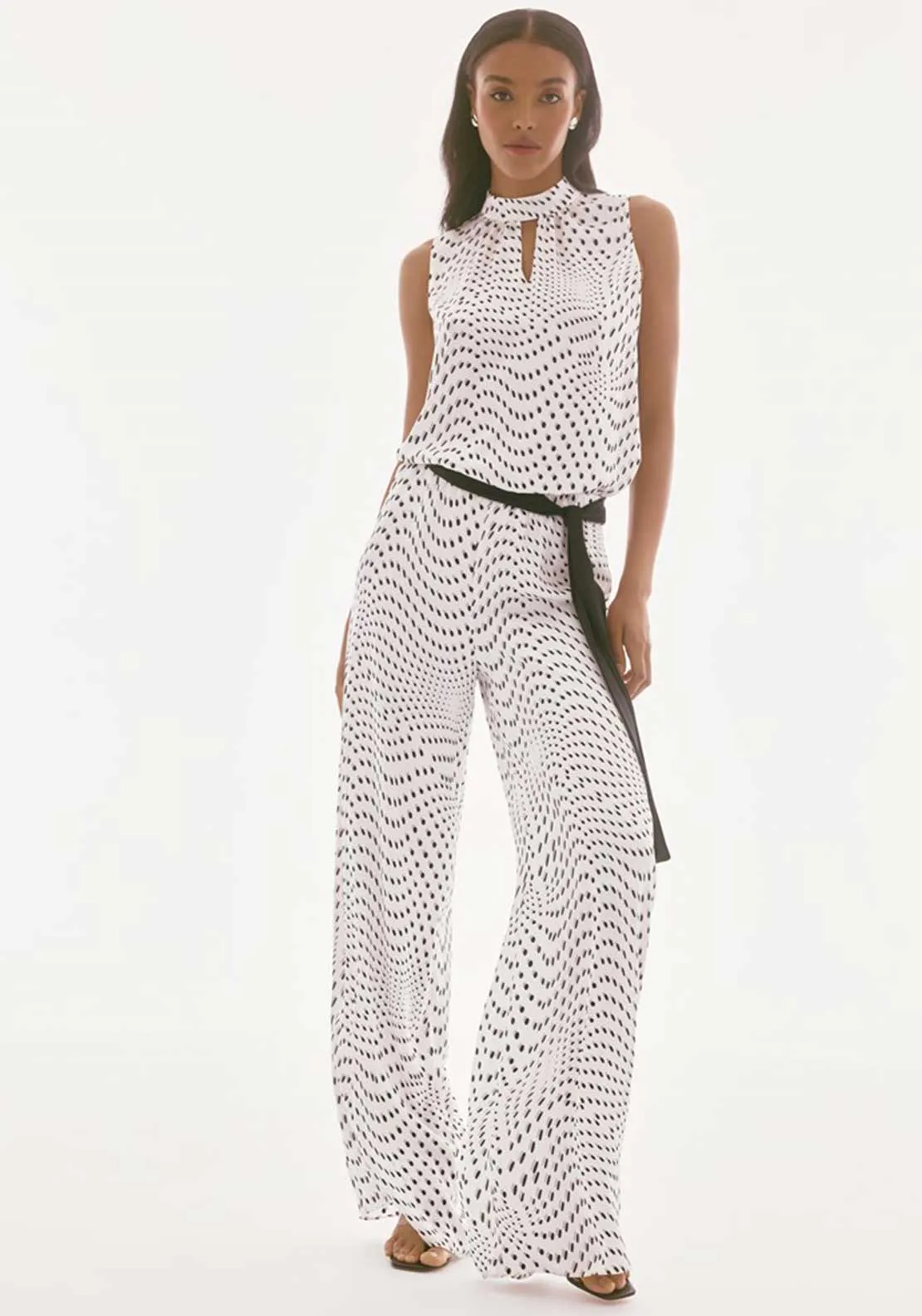 Joseph Ribkoff Satin Polka Dot Wide Leg Trousers, White