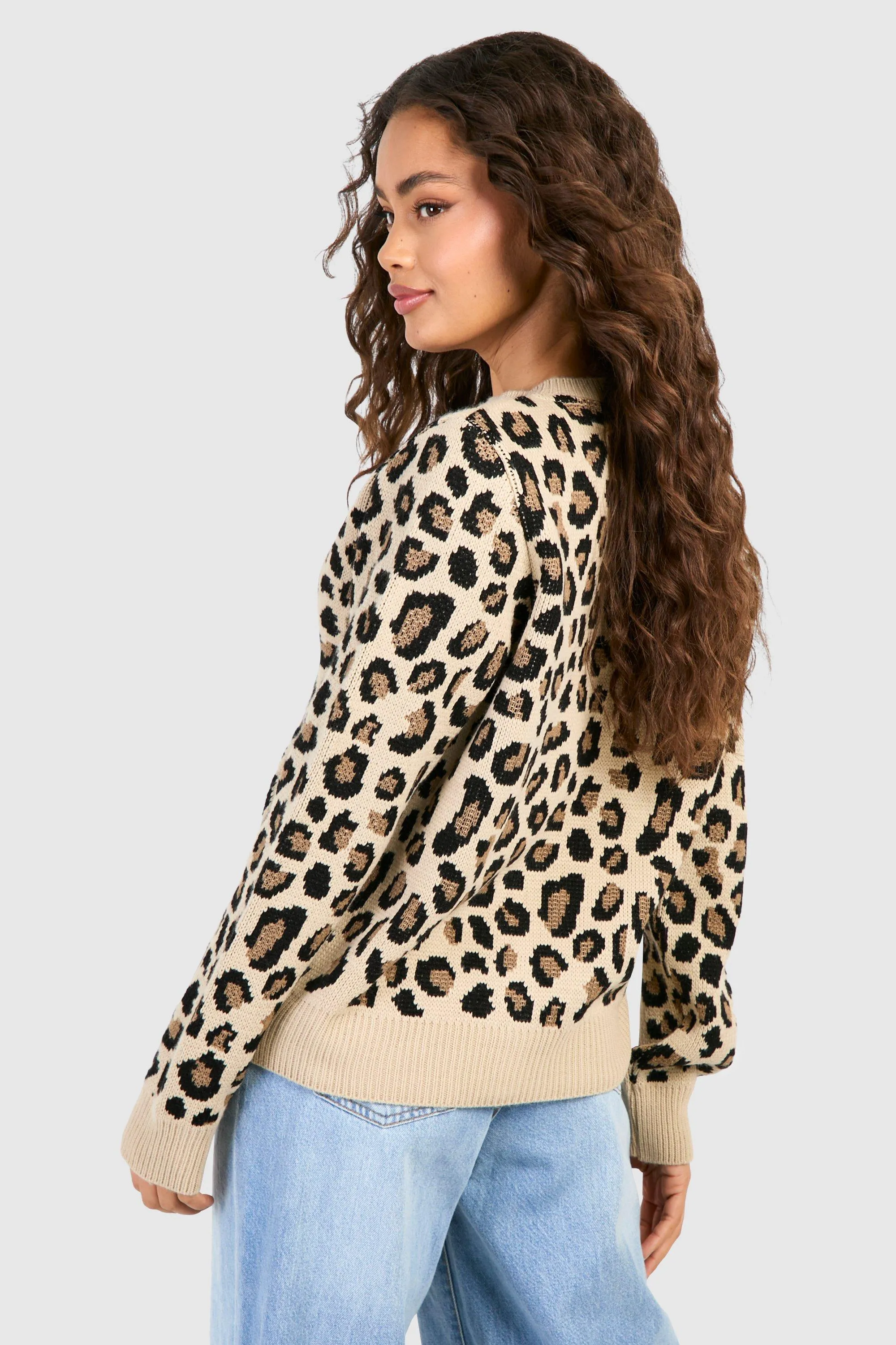 Fine Gauge Leopard Print Micro Cardigan with Crew Neck by boohoo