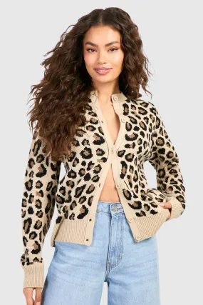 Fine Gauge Leopard Print Micro Cardigan with Crew Neck by boohoo