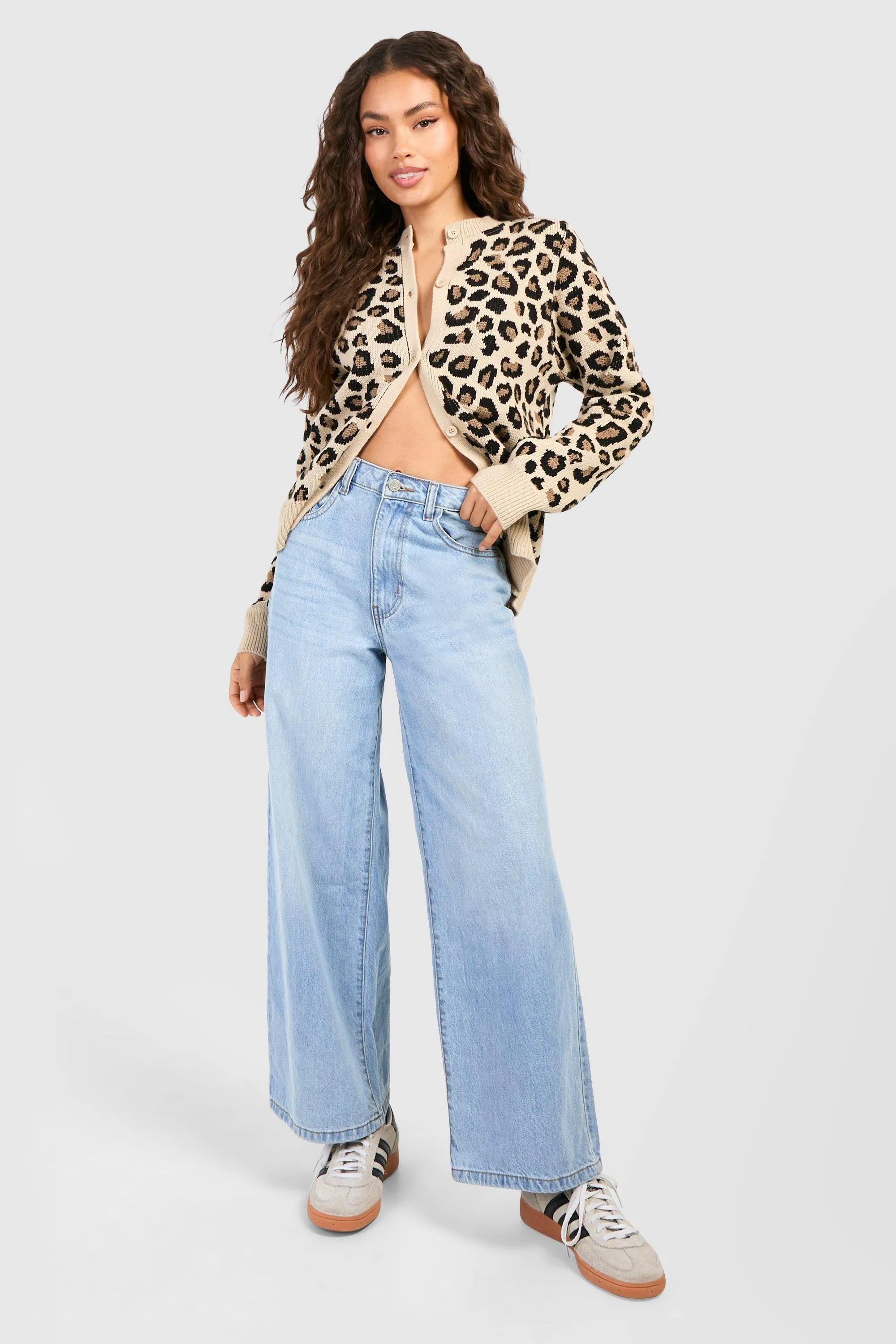 Fine Gauge Leopard Print Micro Cardigan with Crew Neck by boohoo