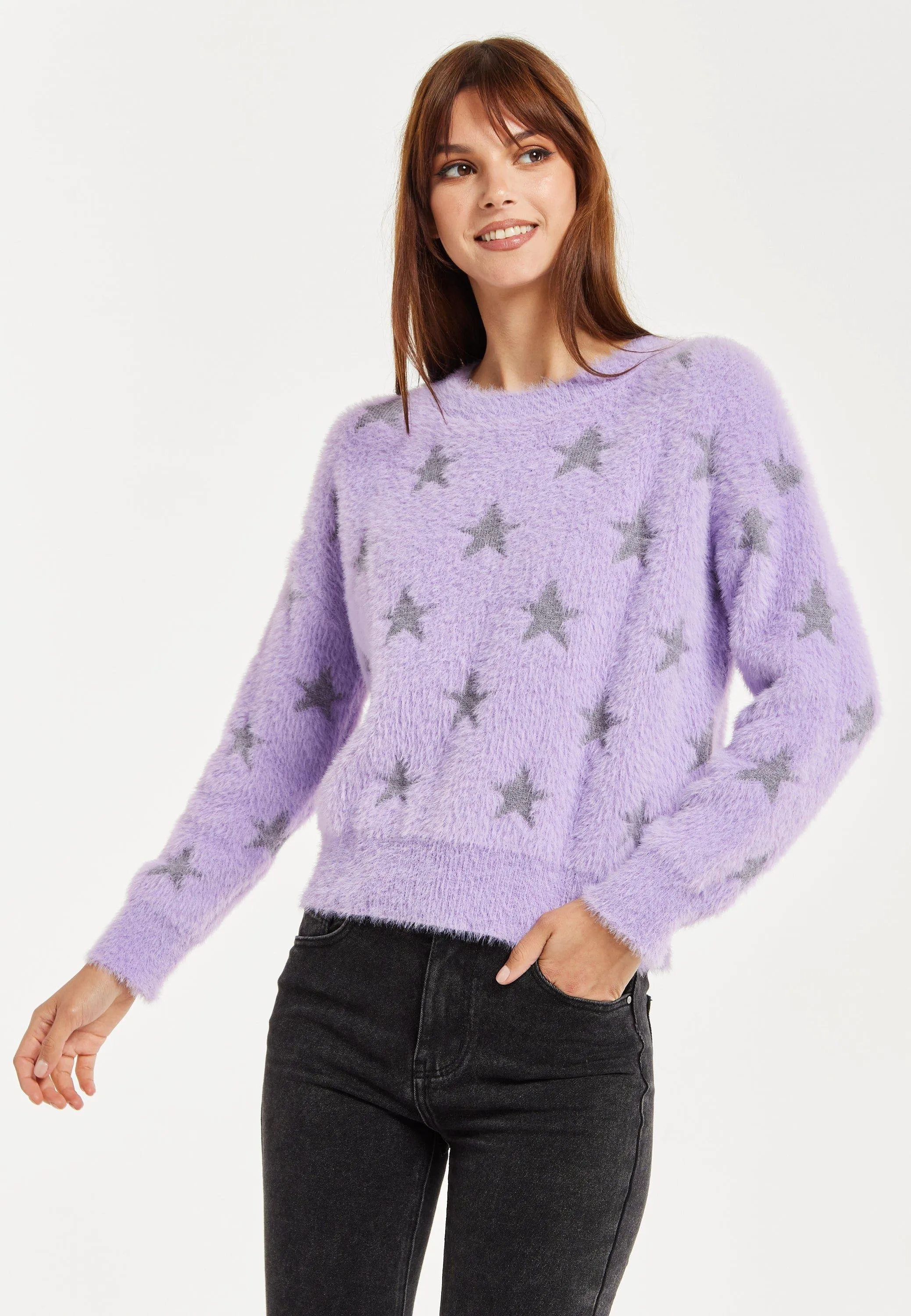 Fluffy Grey Star Pattern Lilac Jumper by Liquorish