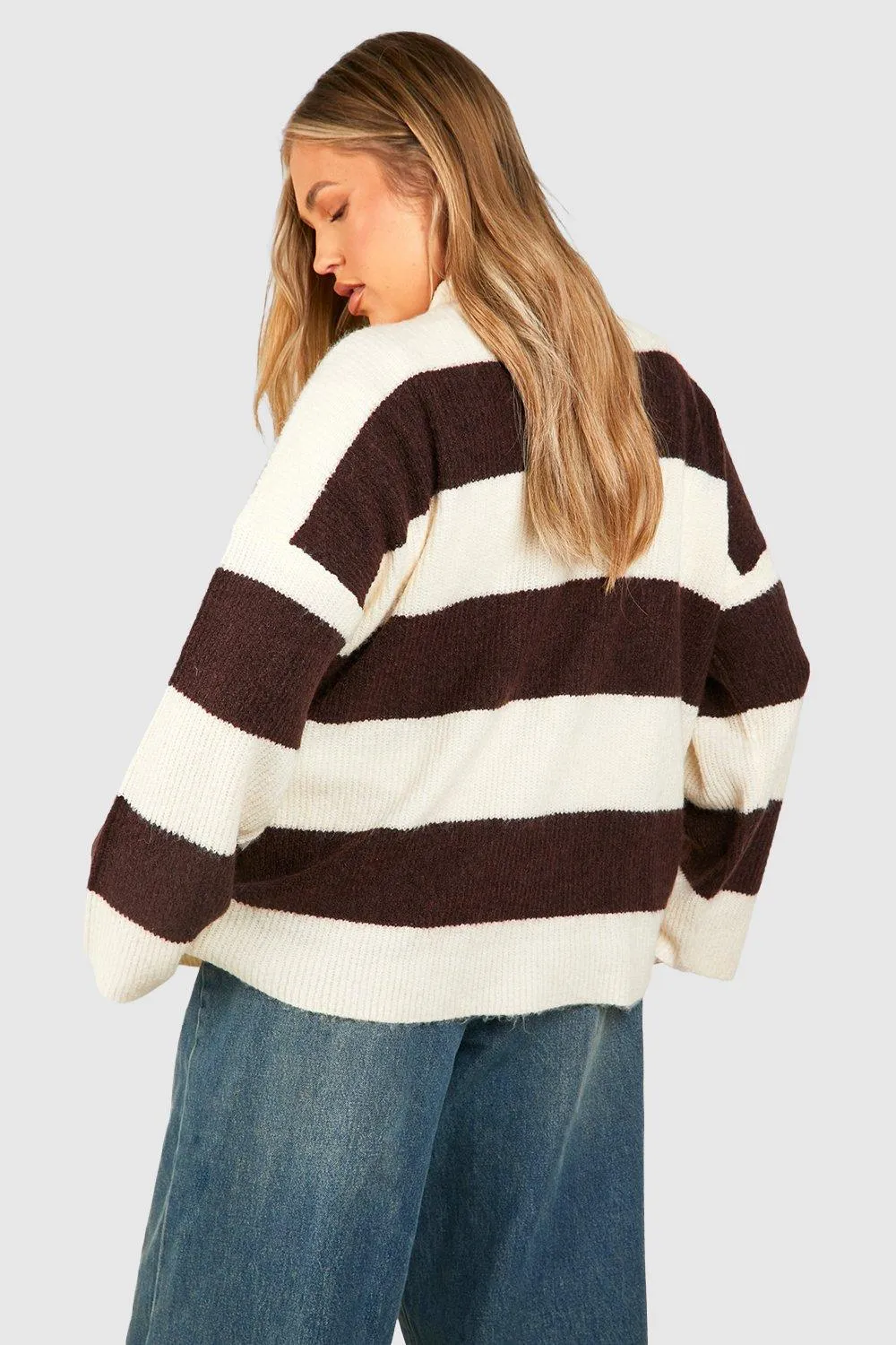 Half Zip Soft Knit Stripe Jumper Plus Size by boohoo