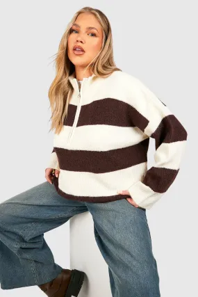 Half Zip Soft Knit Stripe Jumper Plus Size by boohoo