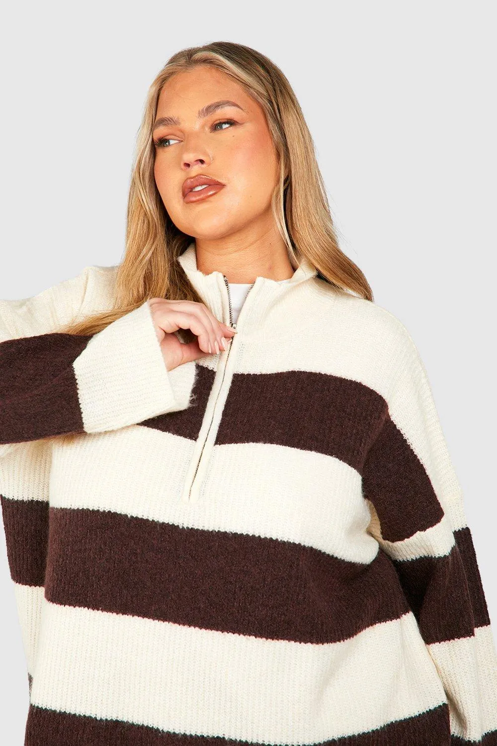 Half Zip Soft Knit Stripe Jumper Plus Size by boohoo