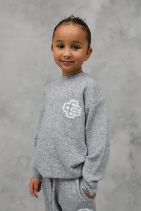 KIDS FLUFFY KNIT EMBLEM CREW - GREY MARL