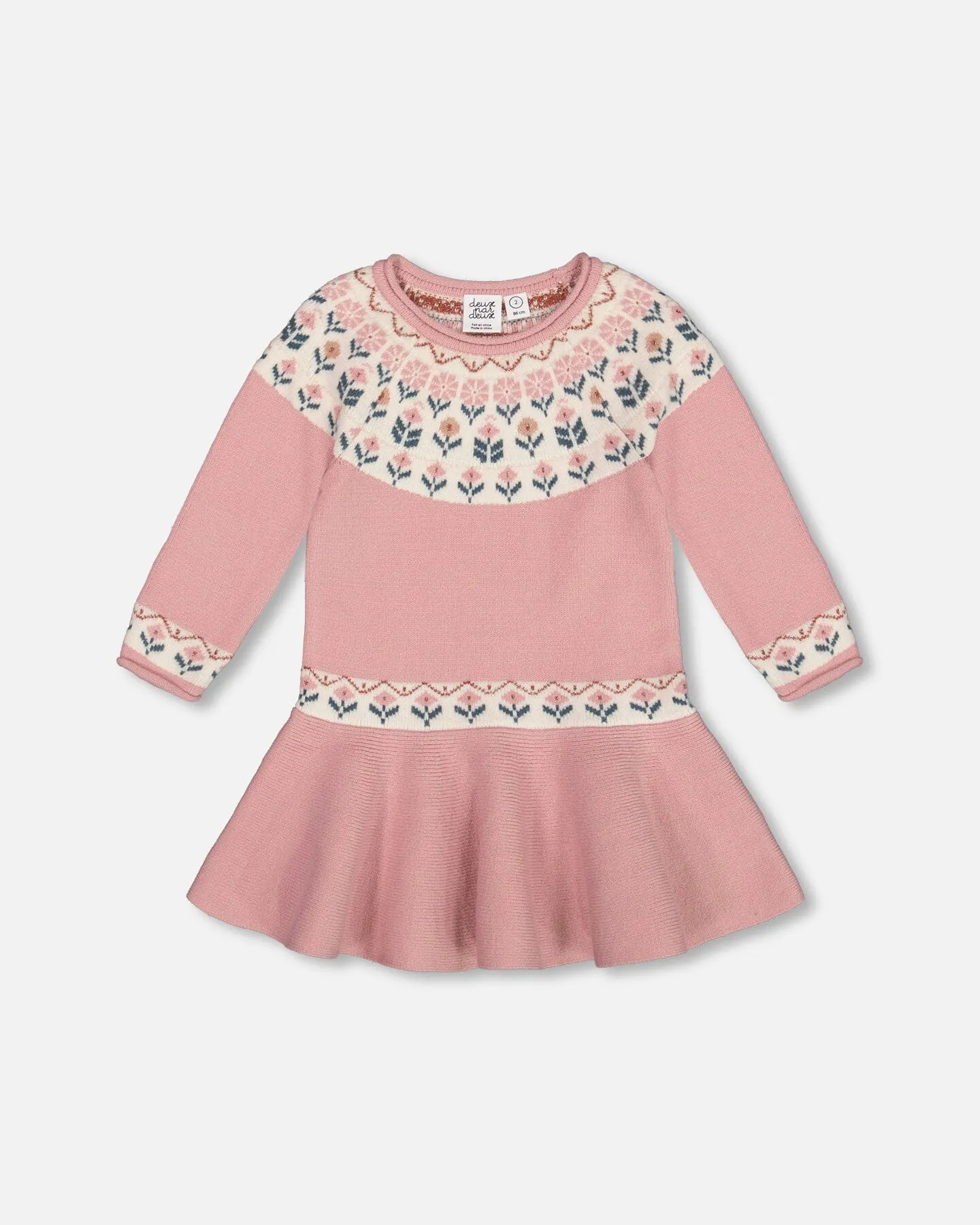 Knit Dress With Round Intarsia Flowers Light Pink