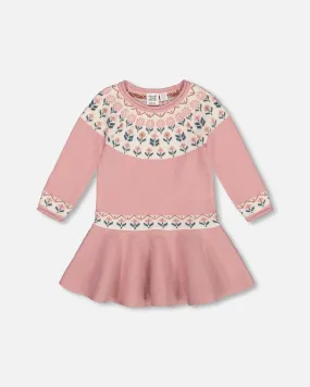 Knit Dress With Round Intarsia Flowers Light Pink