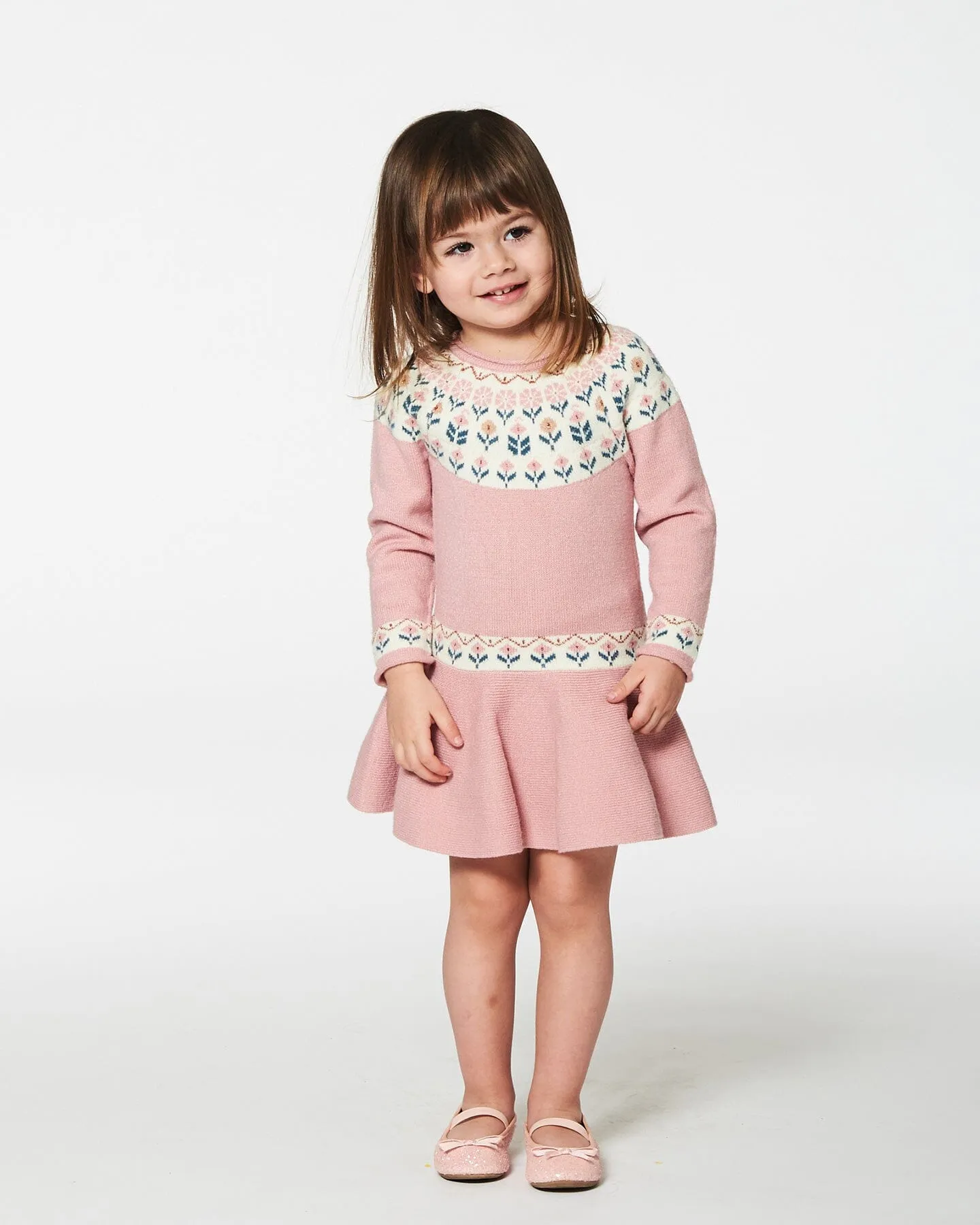 Knit Dress With Round Intarsia Flowers Light Pink