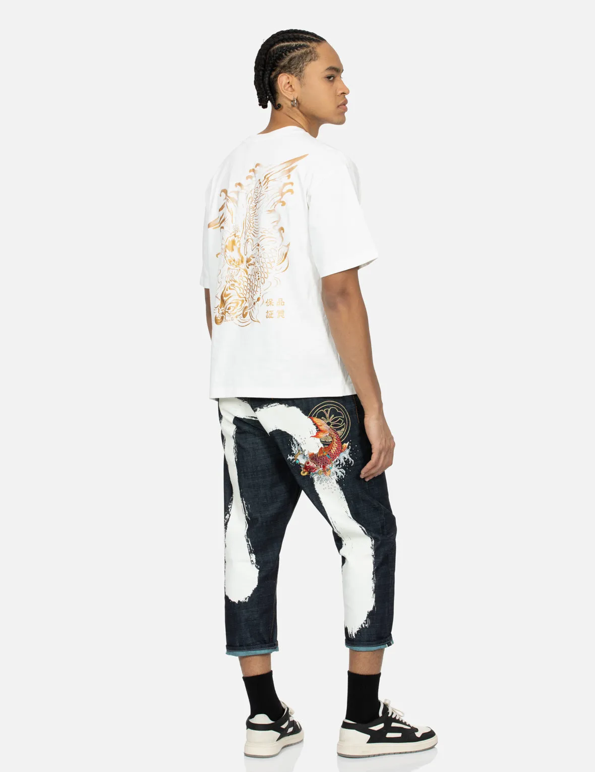 Koi Embroidery and Brushstroke Daicock Print Cropped Jeans #2027