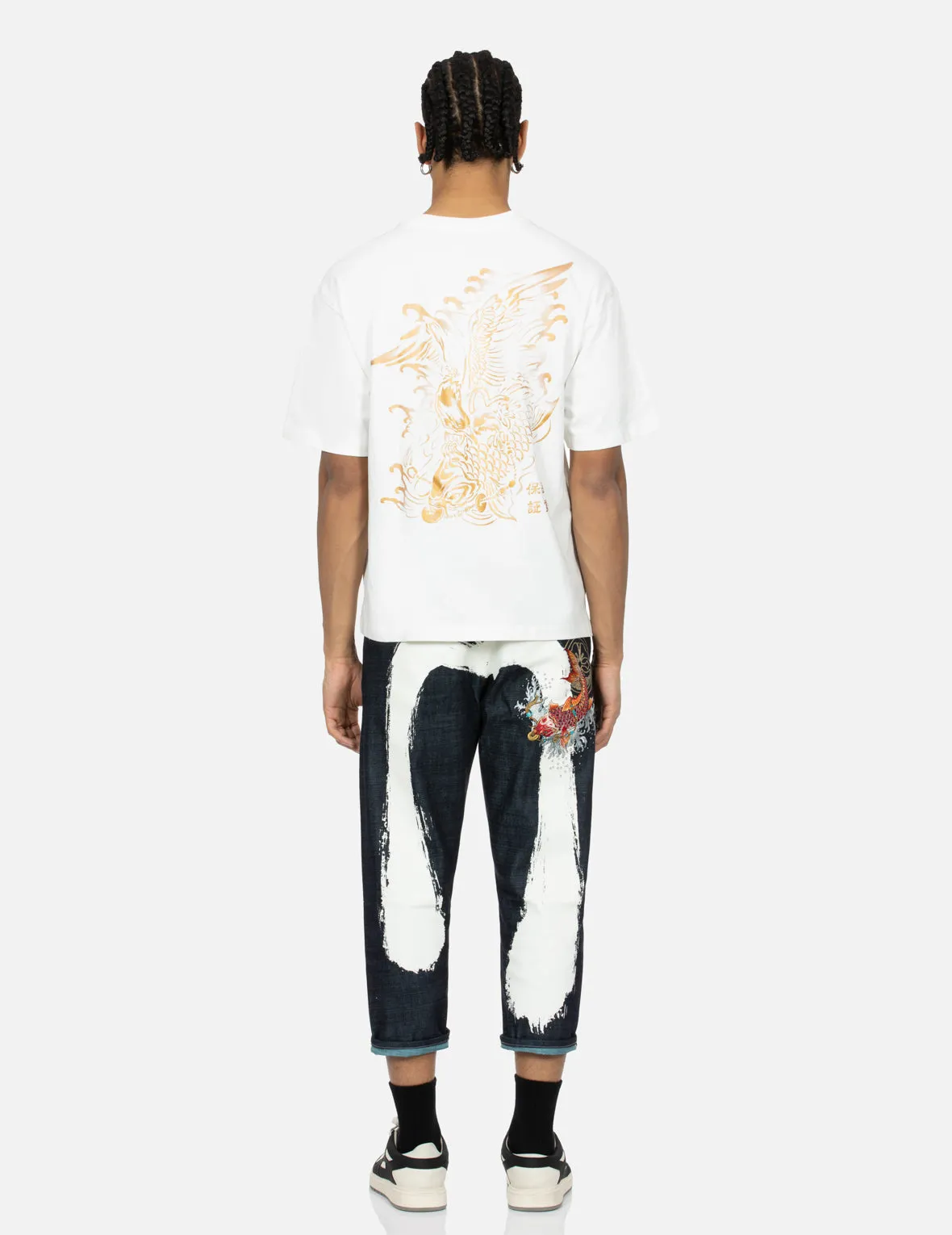 Koi Embroidery and Brushstroke Daicock Print Cropped Jeans #2027