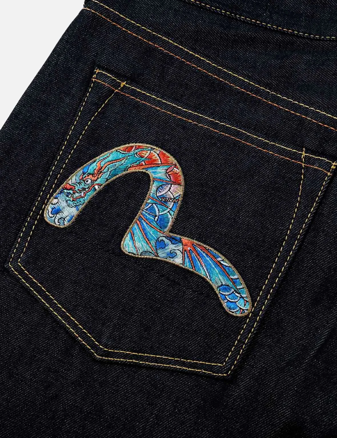 Koi Playing In Waves Pattern Seagull and Kamon Embroidery Cropped Carrot Fit Jeans #2017