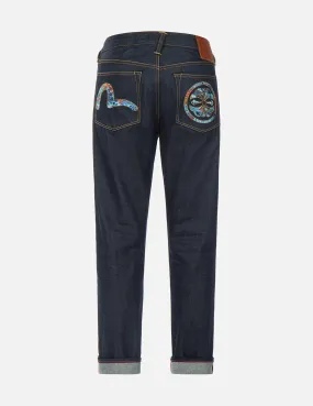 Koi Playing In Waves Pattern Seagull and Kamon Embroidery Cropped Carrot Fit Jeans #2017