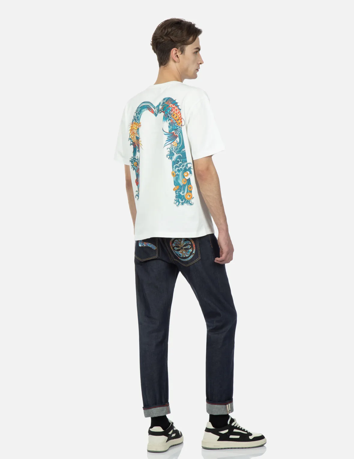 Koi Playing In Waves Pattern Seagull and Kamon Embroidery Cropped Carrot Fit Jeans #2017