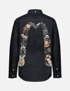 Kumadori Daruma Daicock Print Regular Fit Denim Shirt