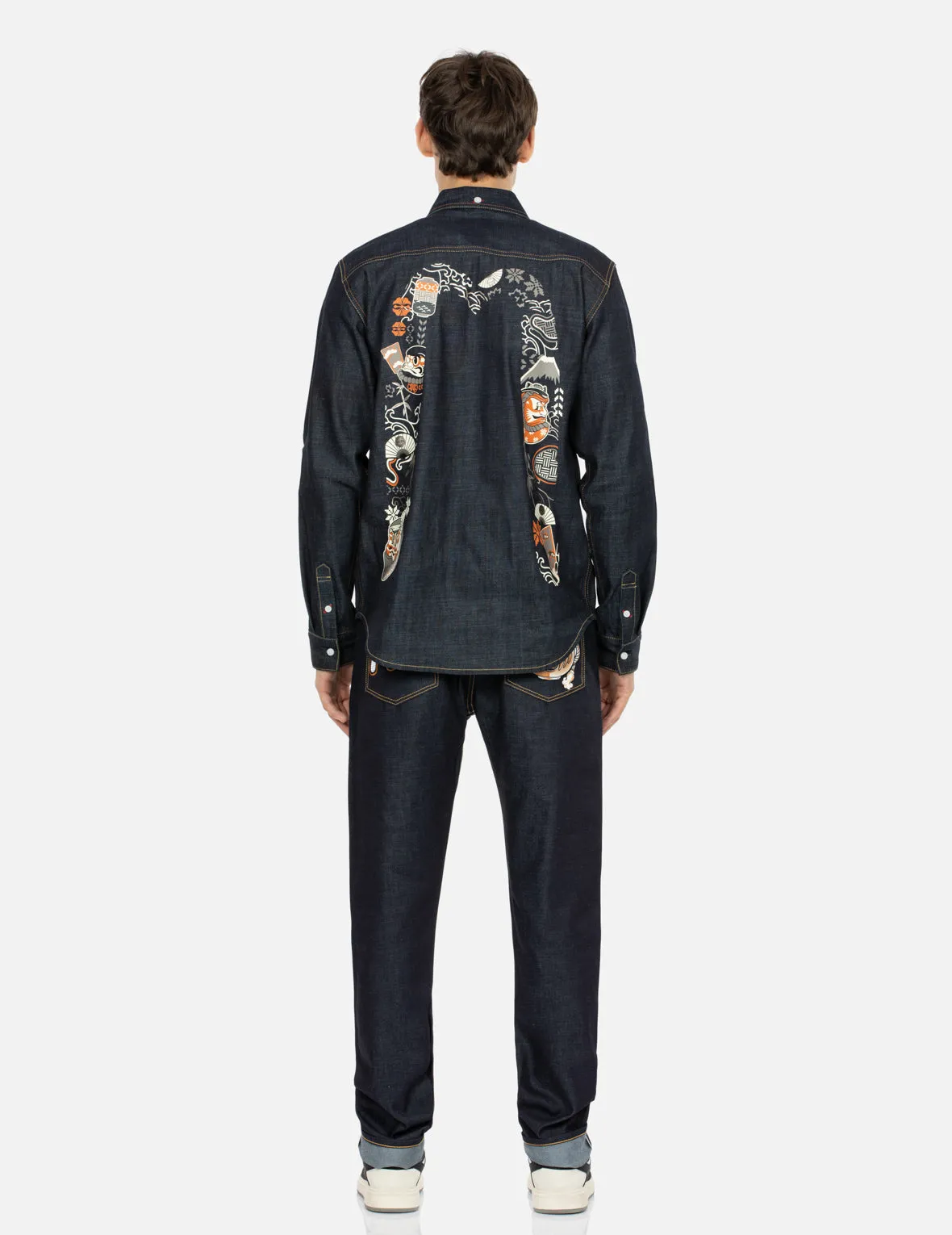 Kumadori Daruma Daicock Print Regular Fit Denim Shirt