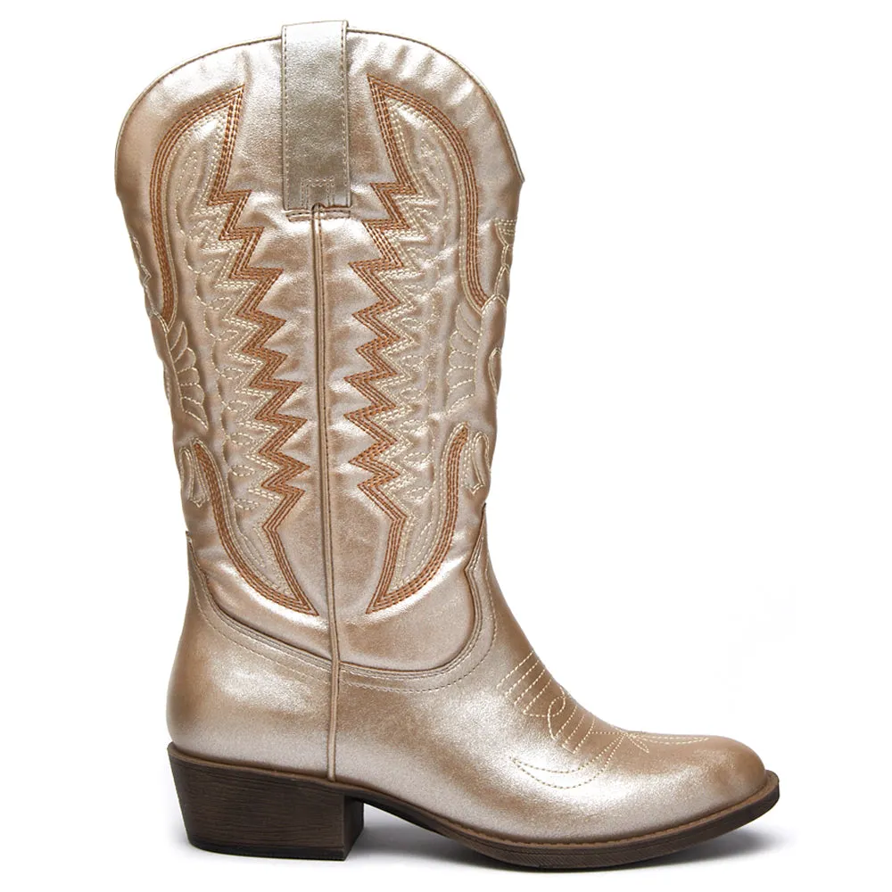 Lasso Embroidered Metallic Round Toe Cowboy Boots