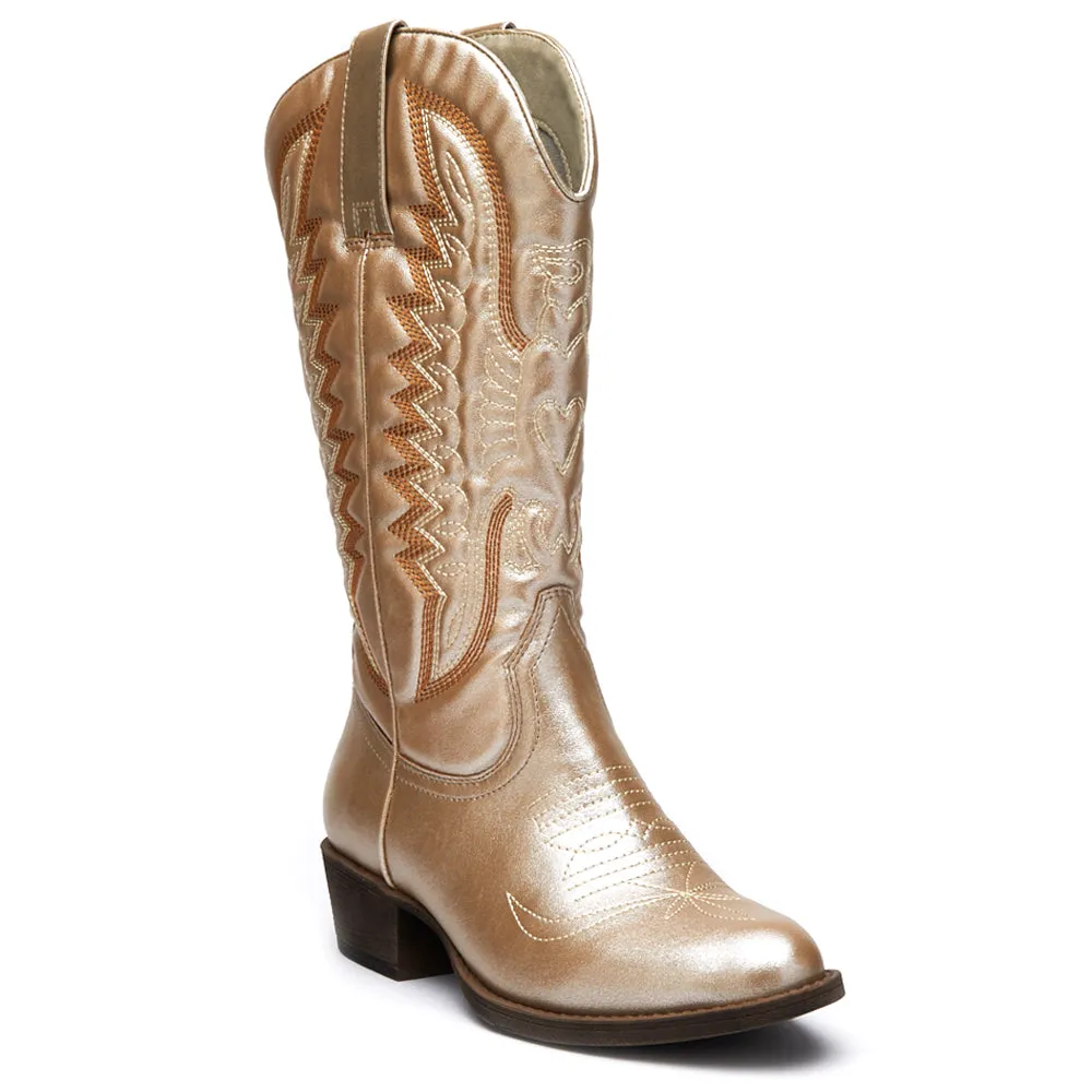 Lasso Embroidered Metallic Round Toe Cowboy Boots