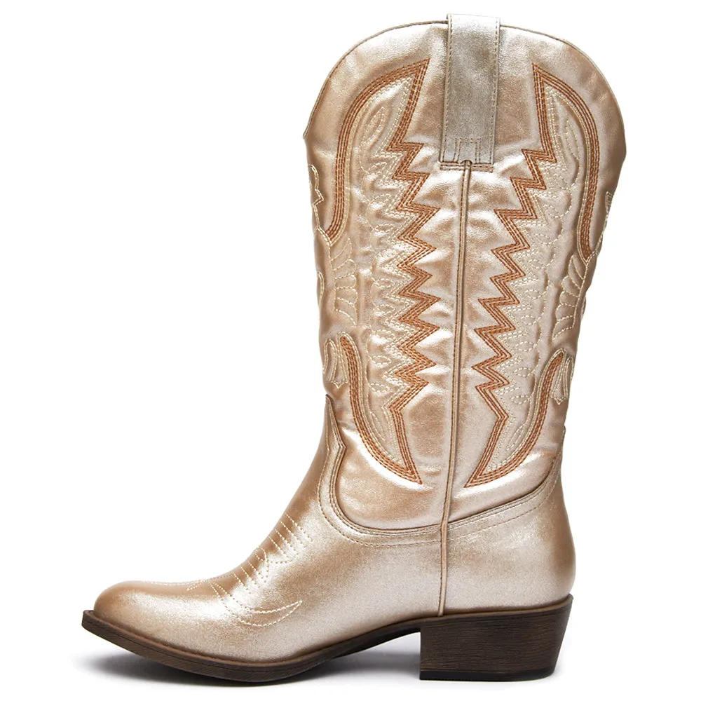 Lasso Embroidered Metallic Round Toe Cowboy Boots