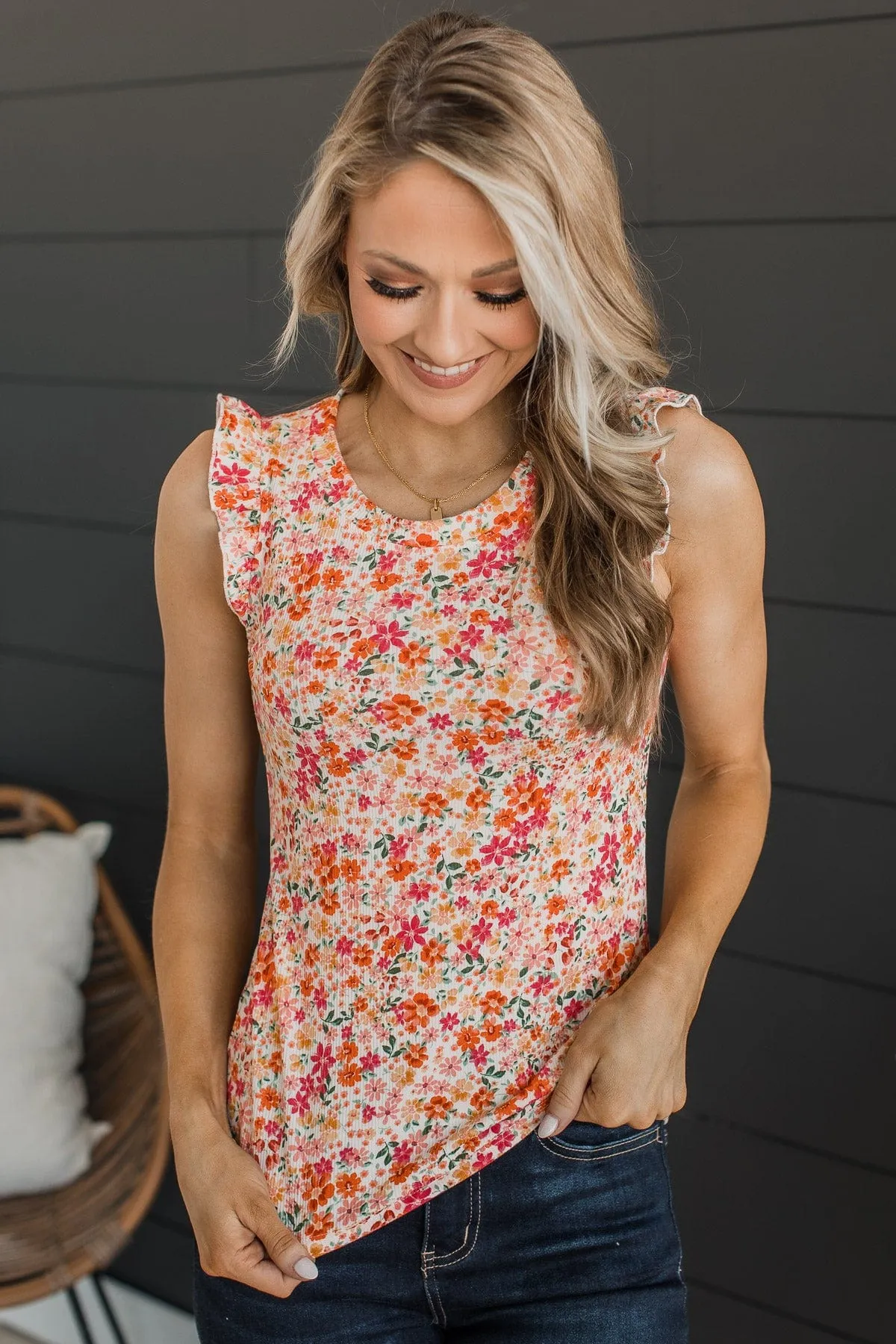 Romantic Floral Knit Top in Pink and Orange