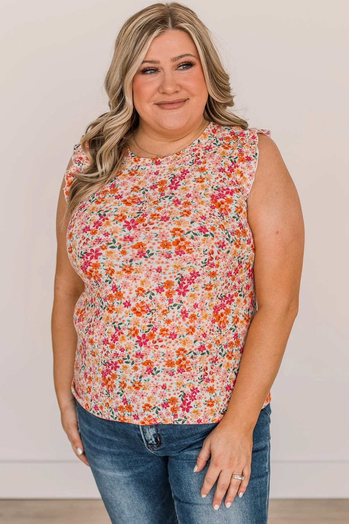 Romantic Floral Knit Top in Pink and Orange