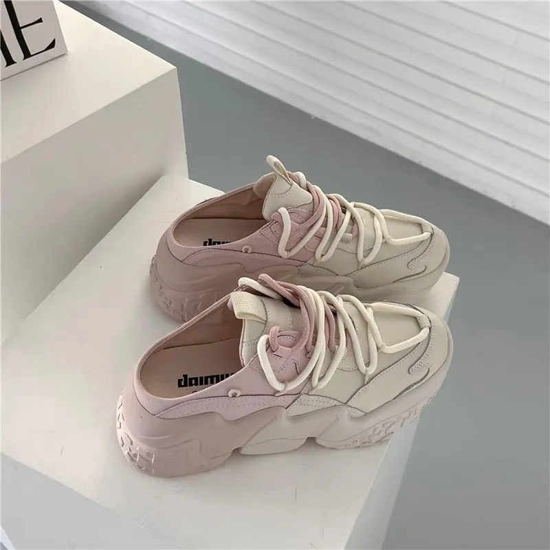 Leather bun toe half slippers for women 2023 summer new thick-soled heightening dad shoes without heel slimming lazy sandals