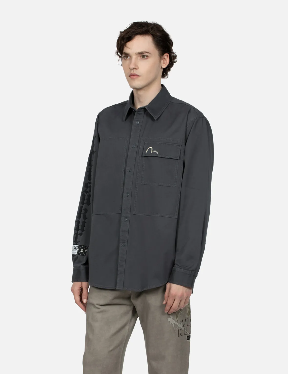 Logo and Seagull Embroidery Relax Fit Cargo Shirt