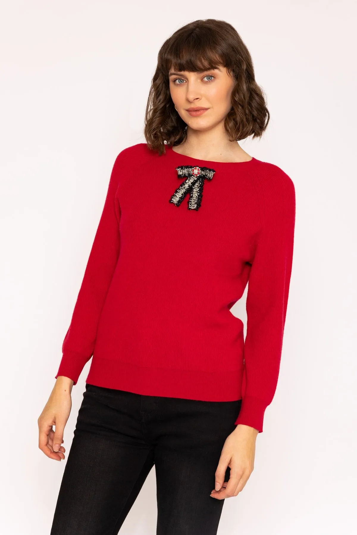 Long Sleeve Bow Knit Jumper in Red