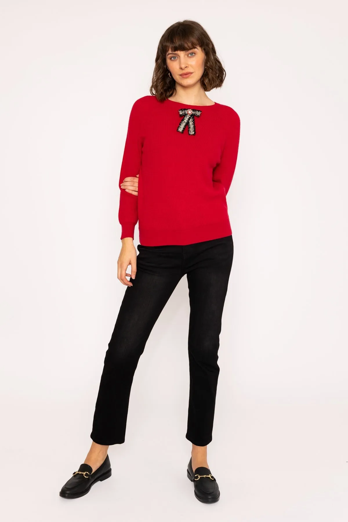 Long Sleeve Bow Knit Jumper in Red