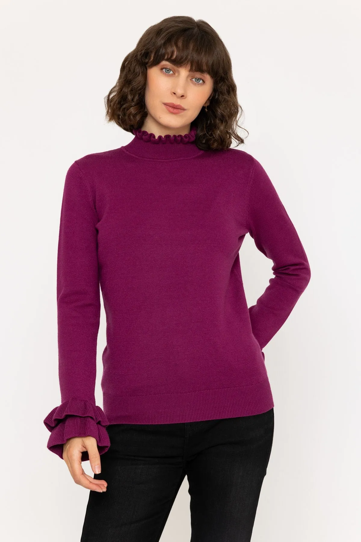 Long Sleeve Ruffle Neck Knit in Burgundy