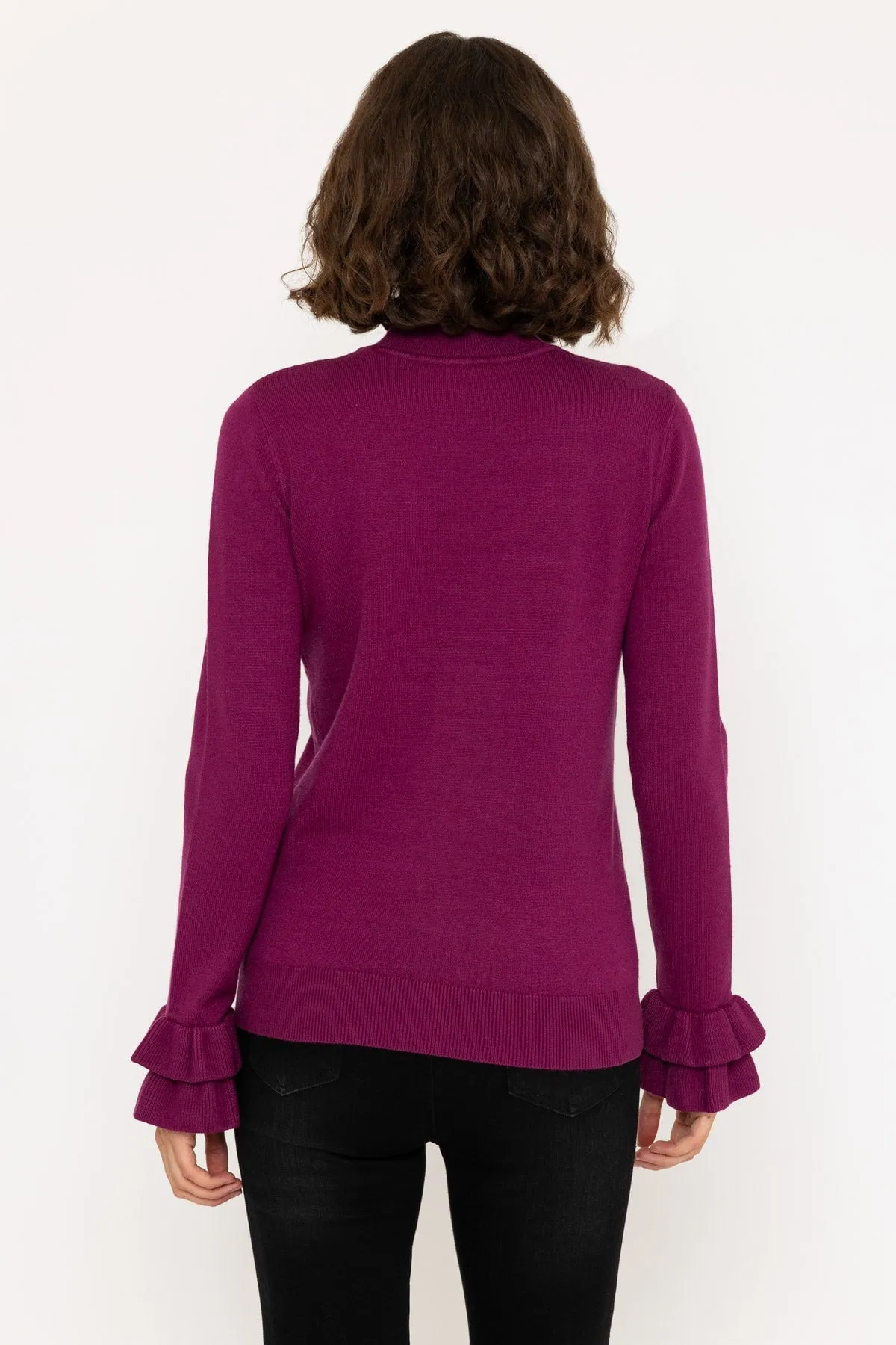 Long Sleeve Ruffle Neck Knit in Burgundy