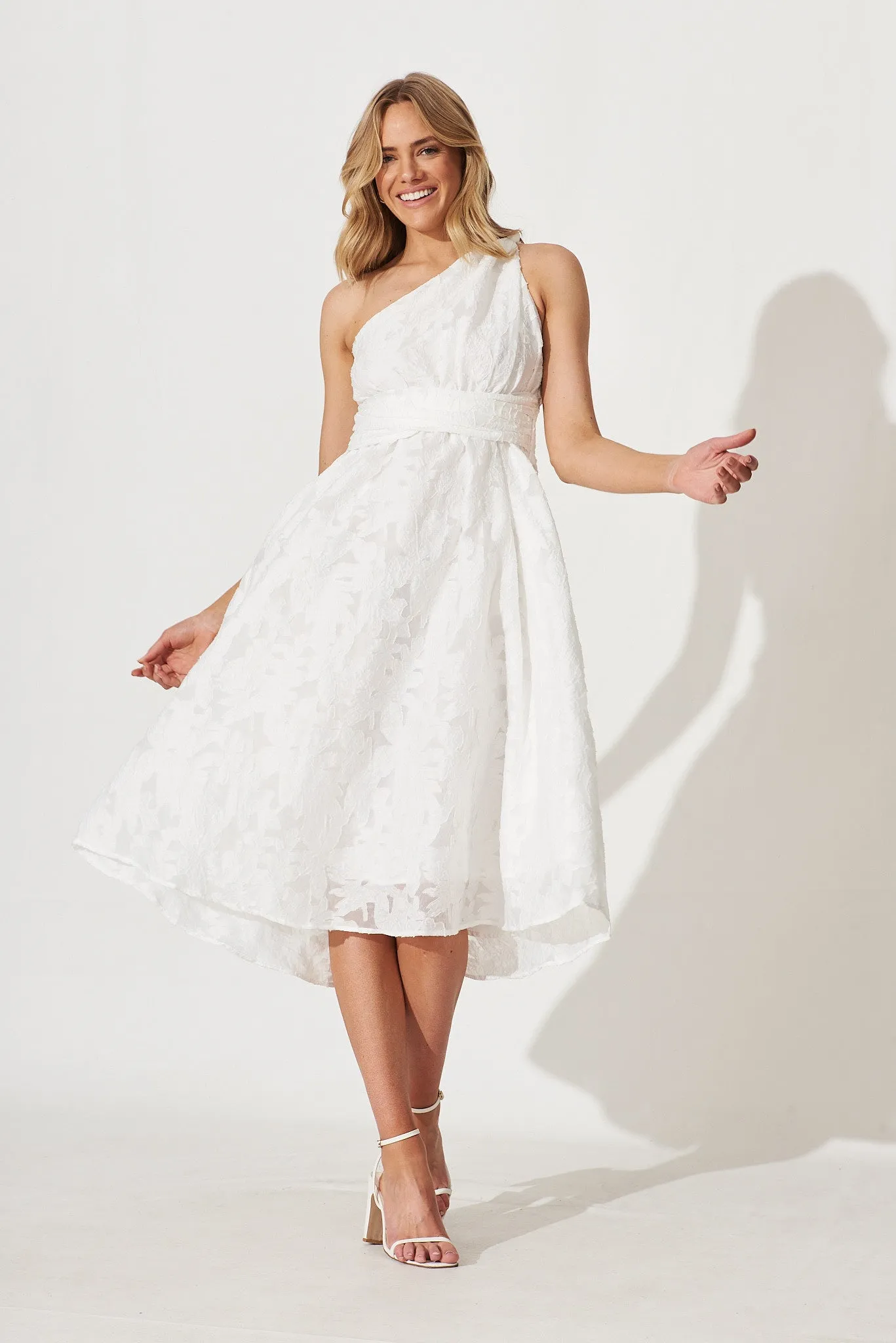 Majestic One Shoulder Midi Dress In White Organza Burnout