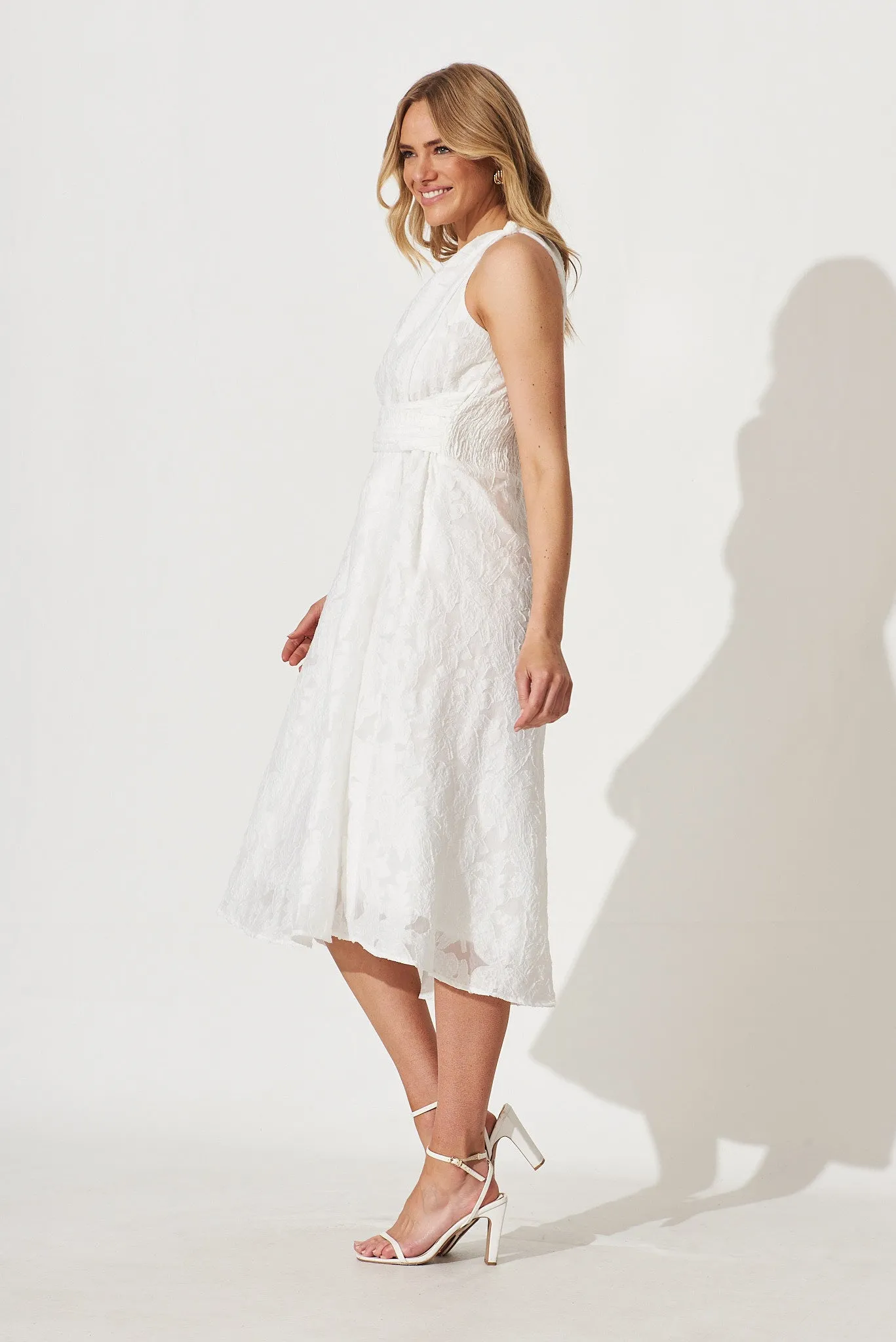 Majestic One Shoulder Midi Dress In White Organza Burnout