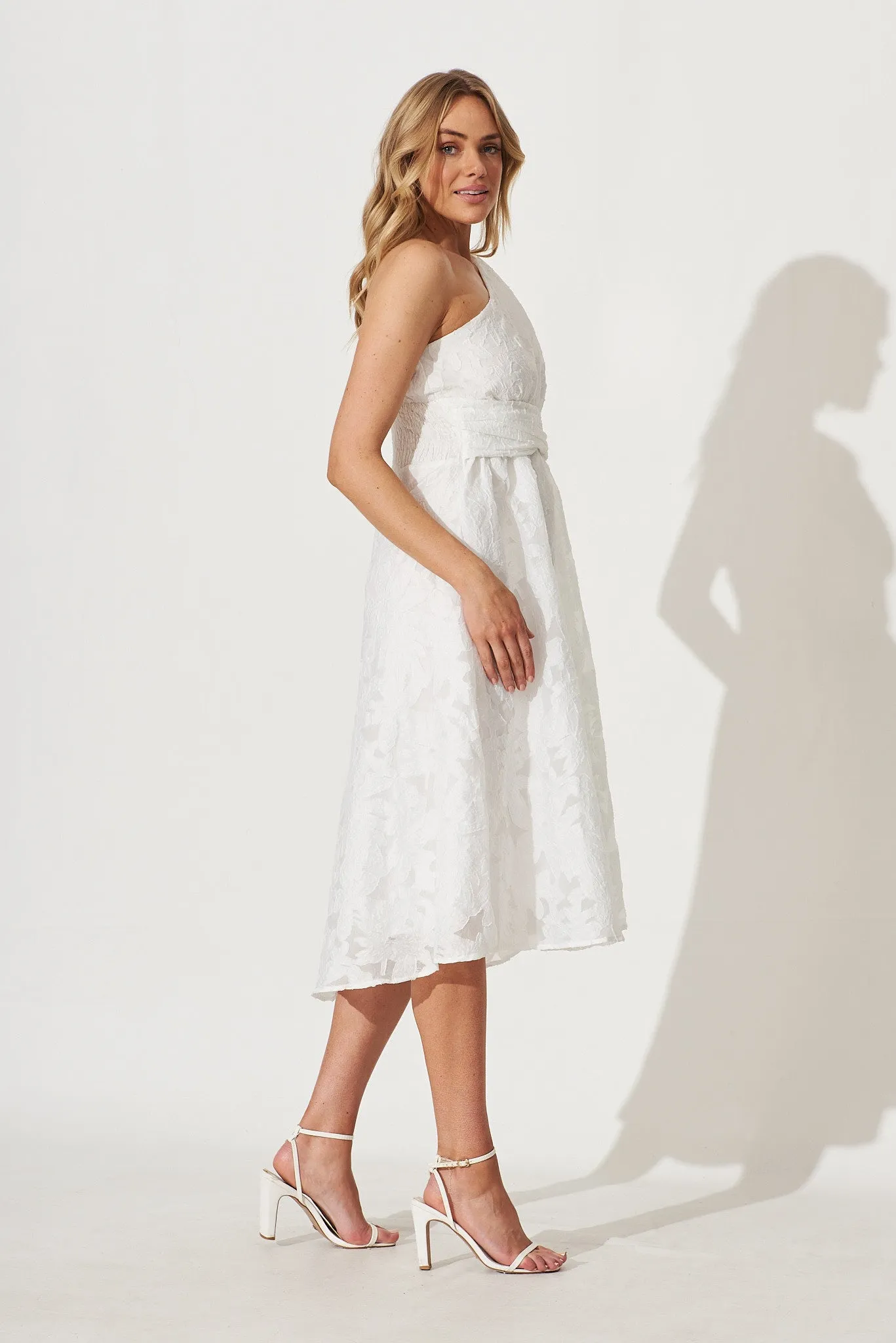 Majestic One Shoulder Midi Dress In White Organza Burnout