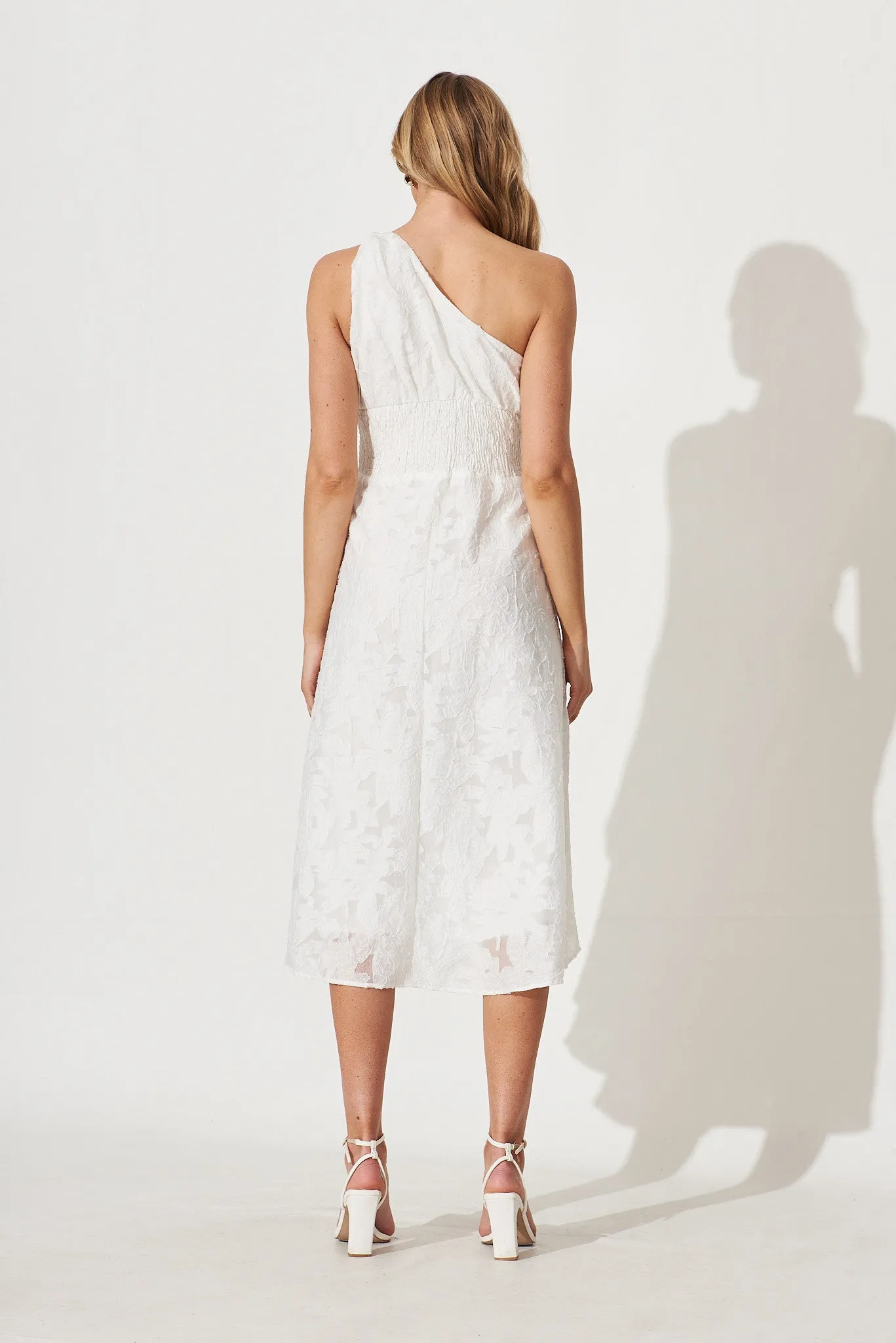 Majestic One Shoulder Midi Dress In White Organza Burnout