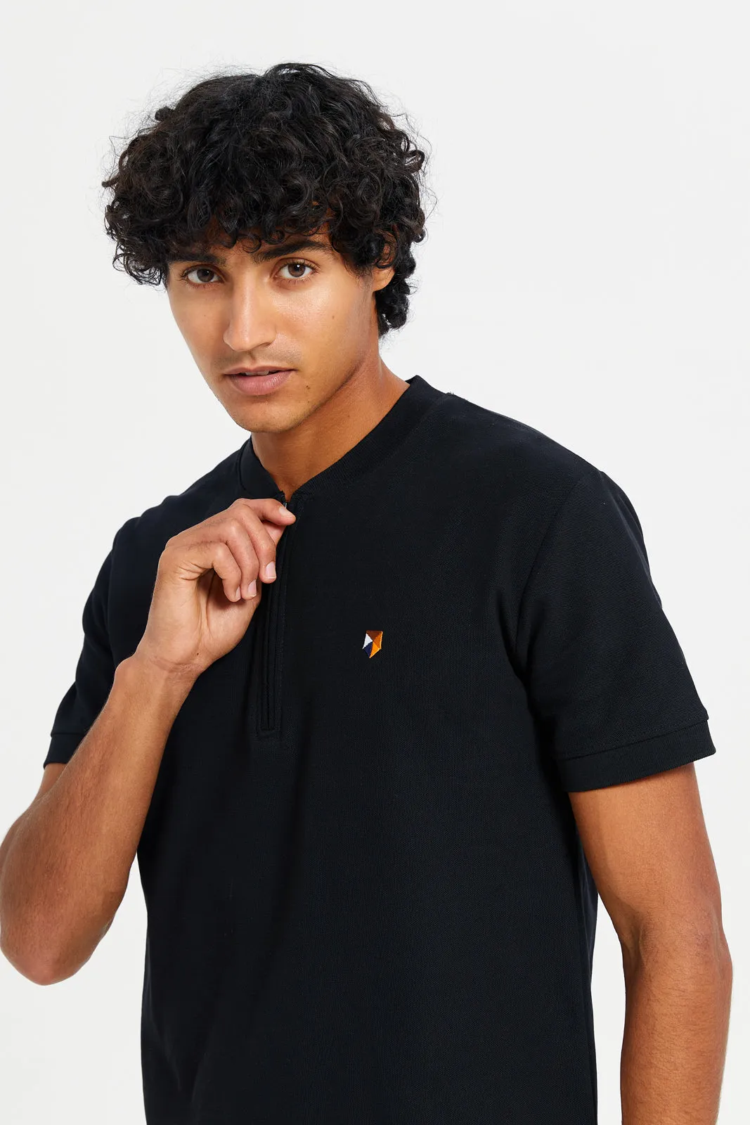 Men Black Henley Polo Shirt