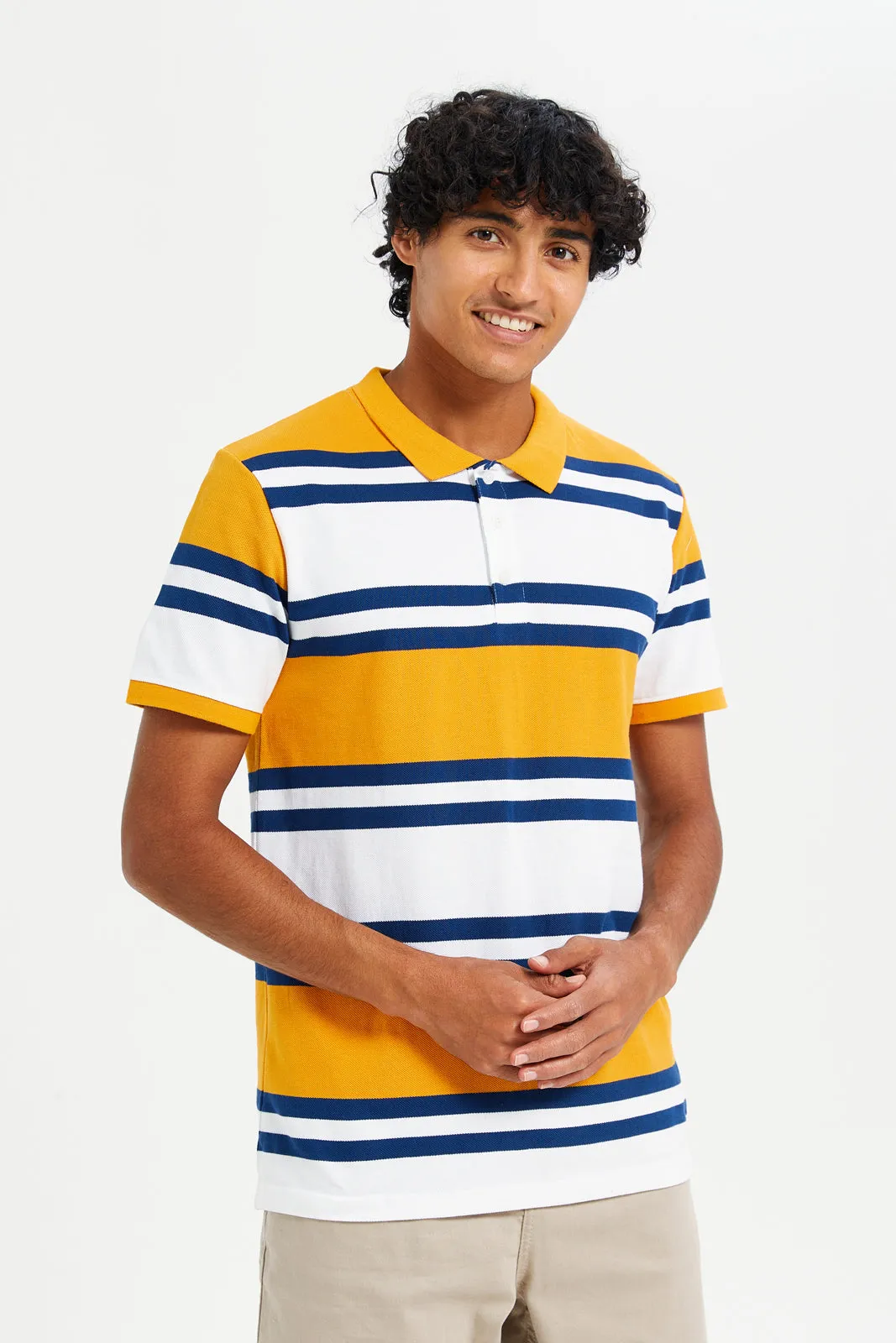 Men Yellow Striped Polo Shirt