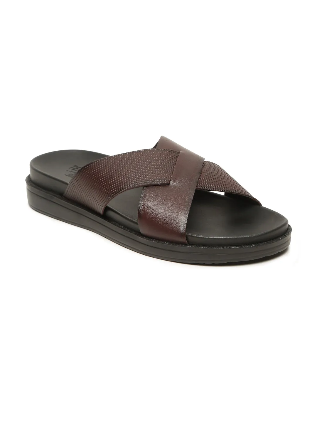 Men's Brown Leather Criss - Cross Slippers