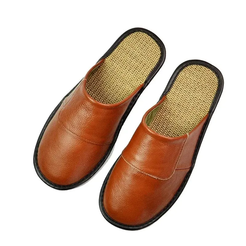 Men's Genuine Leather Home Slippers with Linen Bottom - Indoor Flat